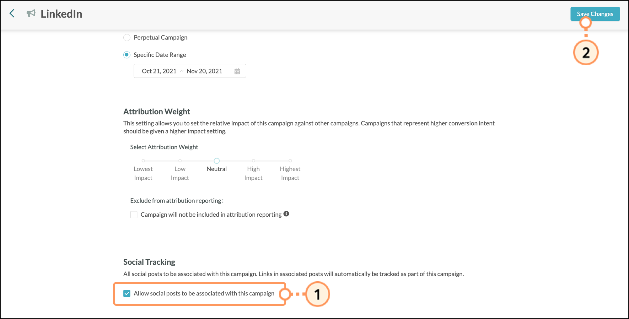 Allow social posts checkbox and Save Changes button