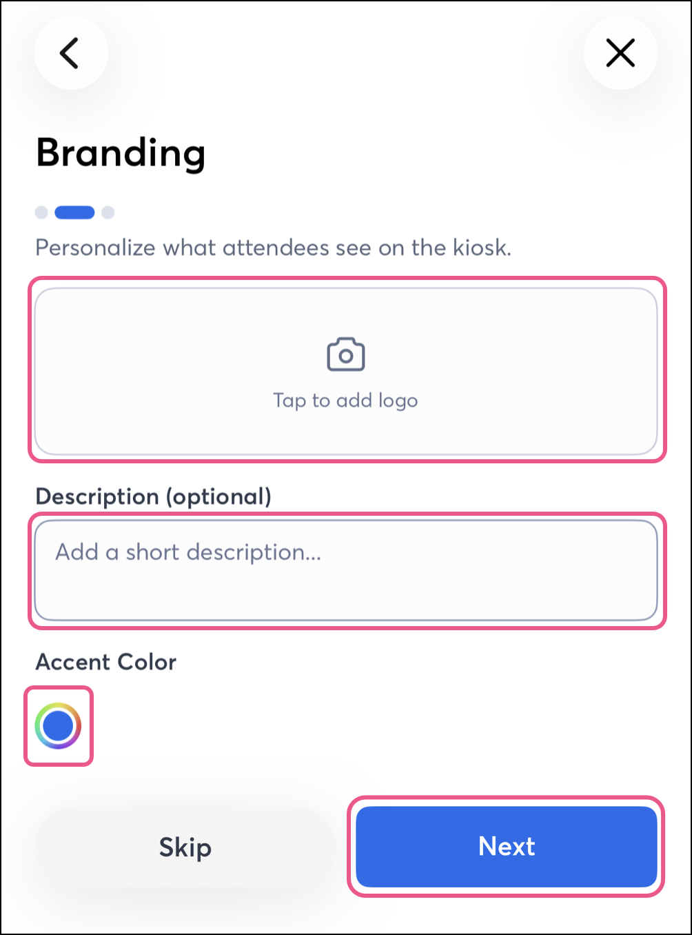 Logo, description, and Accent color branding options above blue Next button