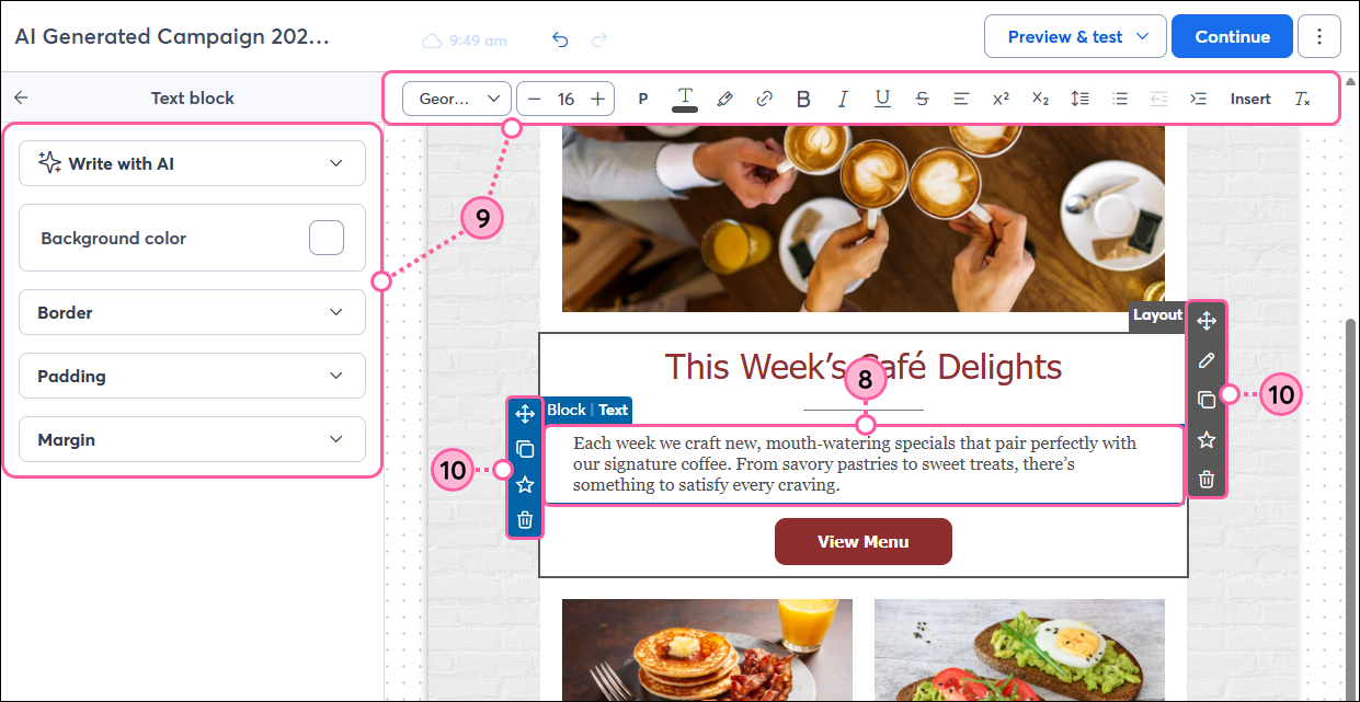 Email editor with Text block selected, Text block panel and toolbar editing options, and Block and Layout controls