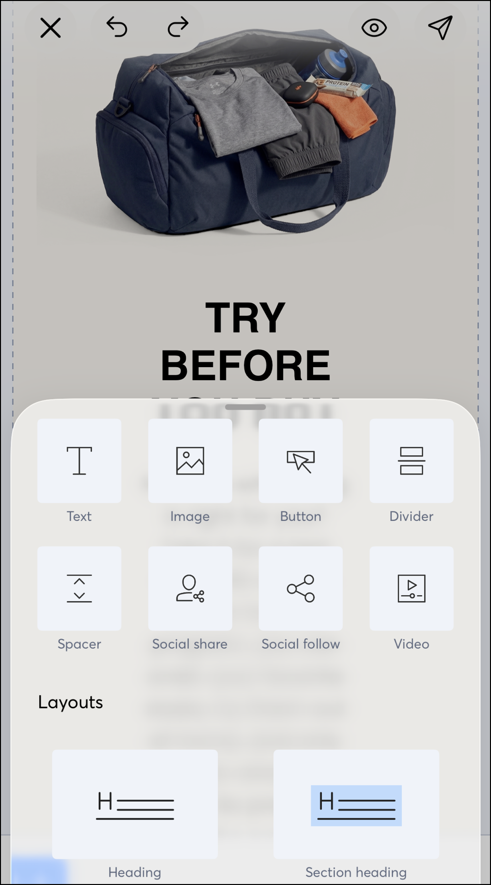 Constant Contact mobile application email editing options with elements and layout blocks