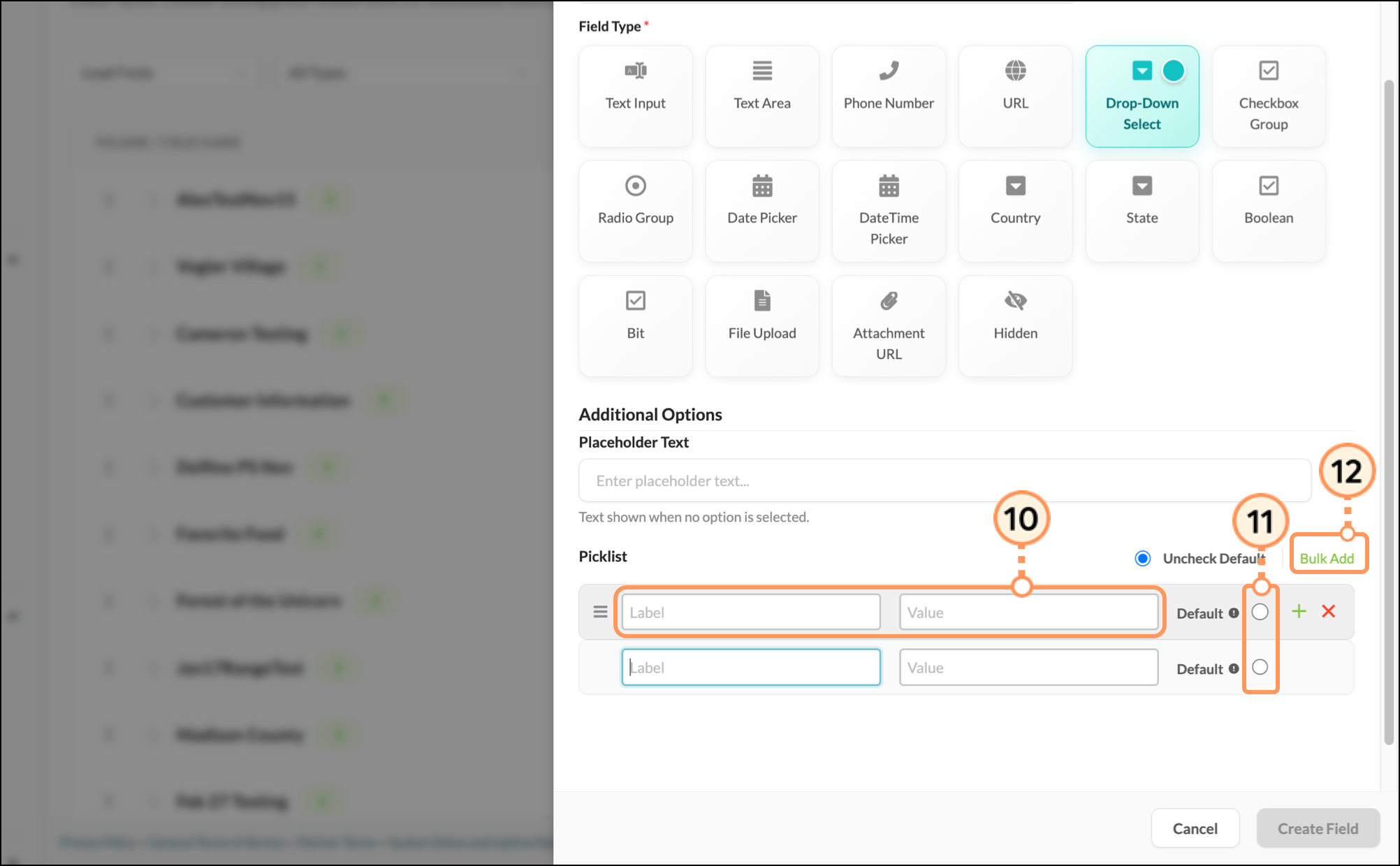 Rows of picklists from the selected Drop-Down field type, with Label Field, Value Field and Default radio button selection options underneath a green Bulk Add button