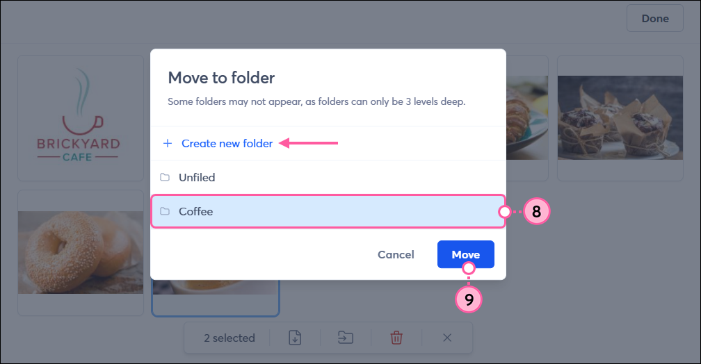 Move to Folder pop-up with folder selected and Move button