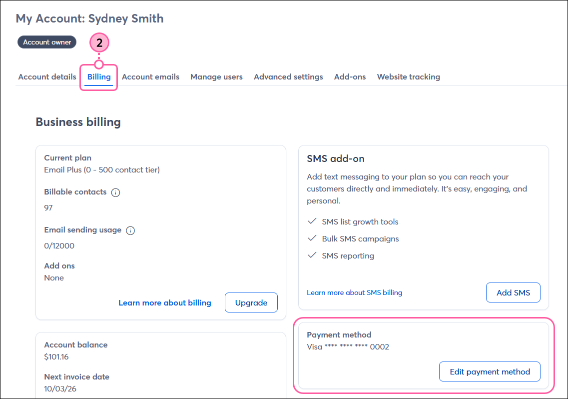 Billing tab, Payment method section, and Edit button