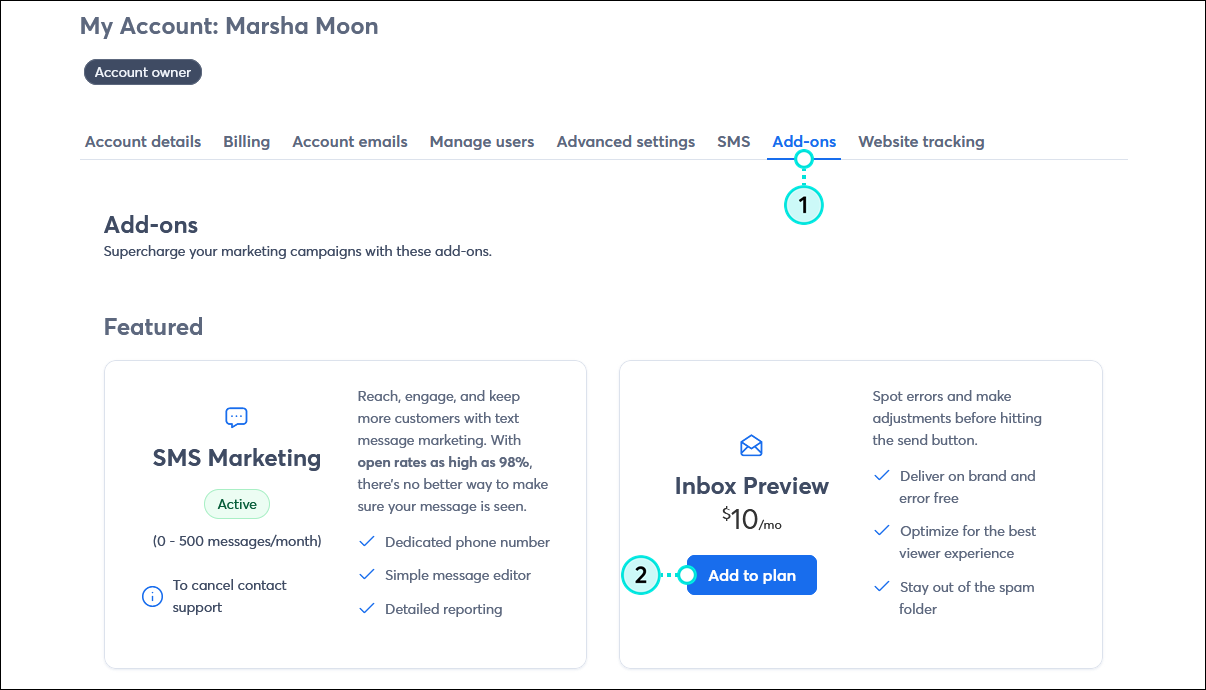 My account page with Add-ons tab selected, INbox Preview section, and Add to plan button