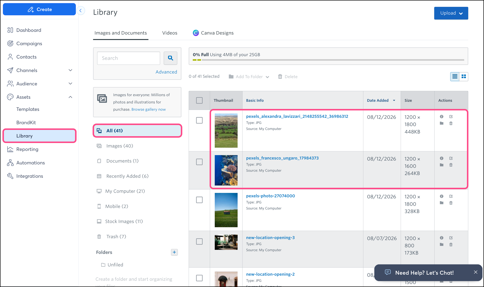 Constant Contact library with newly included images
