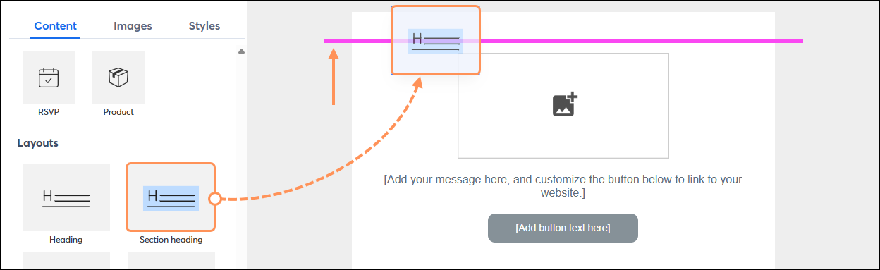 Insert Section Heading Layout block from Content tab into template