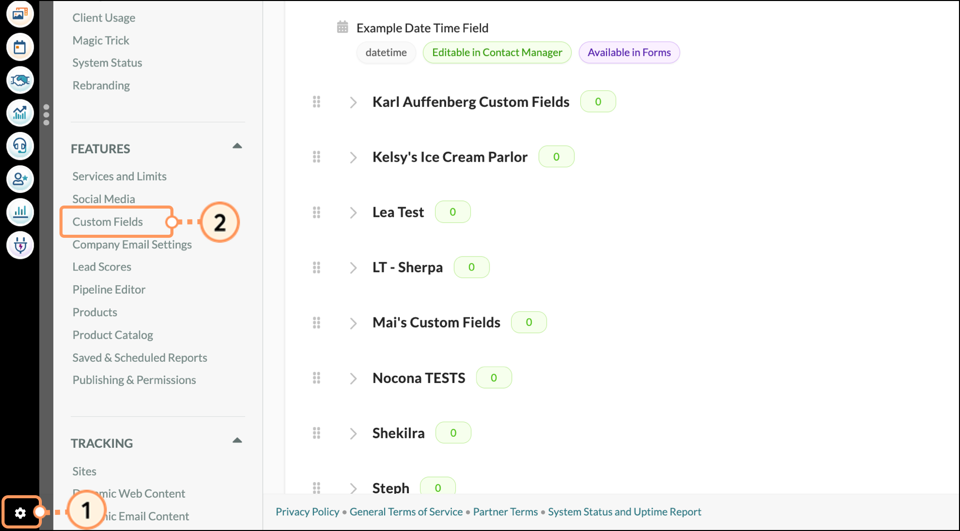 Customer Fields button in the Settings menu