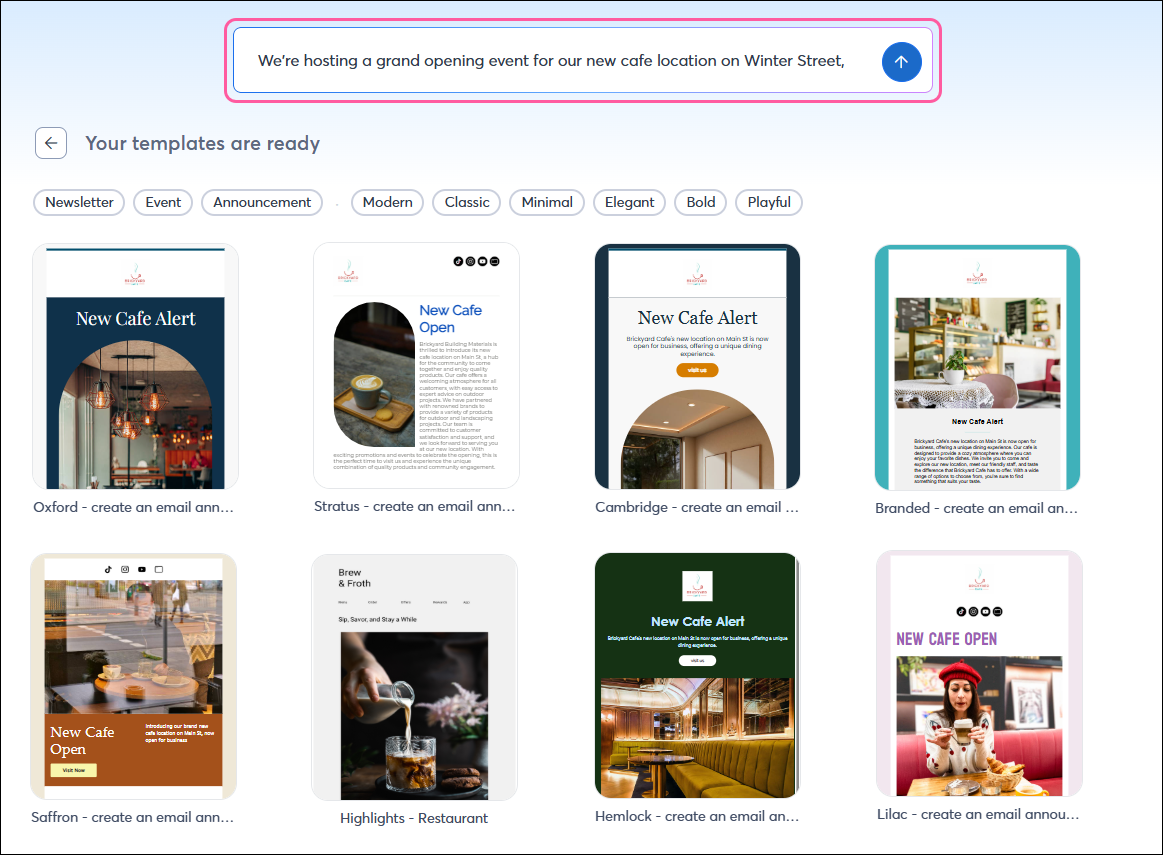 Email template picker, search bar, prompt entered, and email options generated