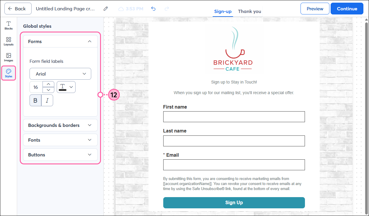 Landing Page editor with Styles panel