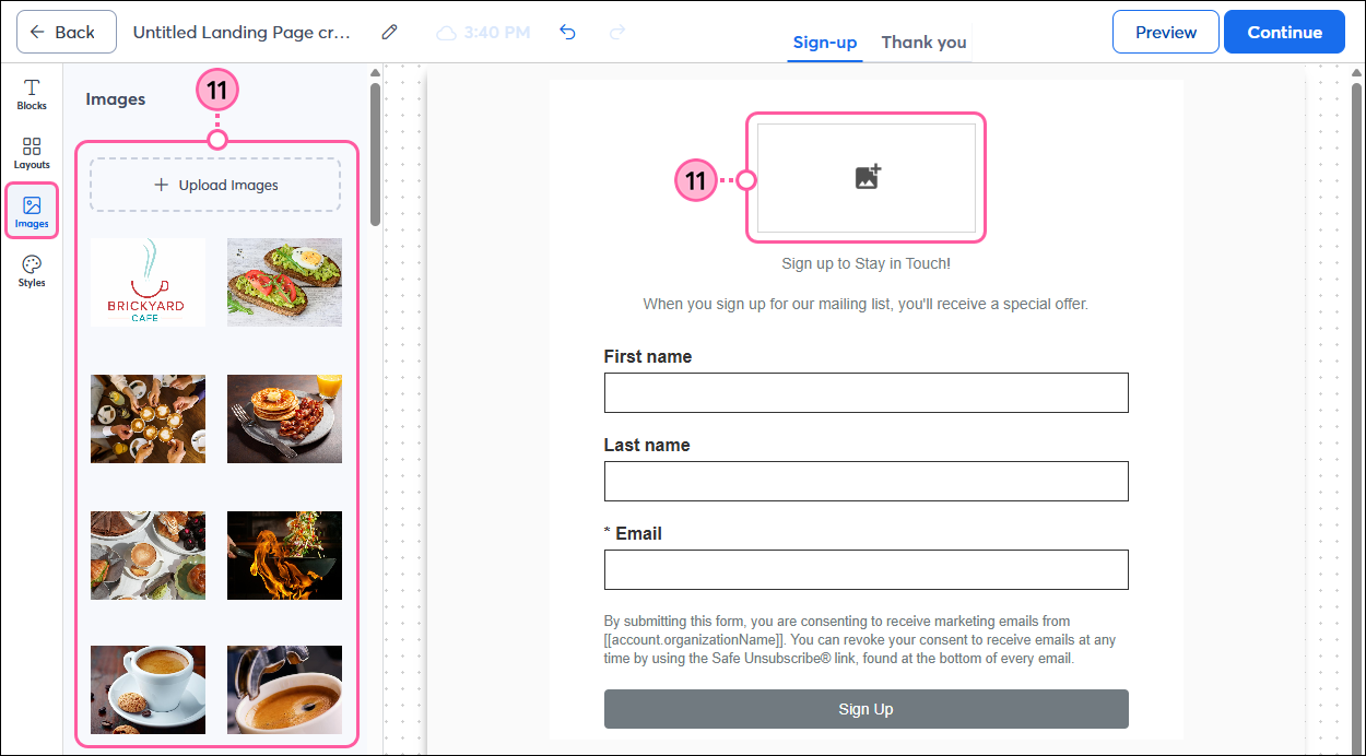 Landing Page editor with Images panel and image placeholder