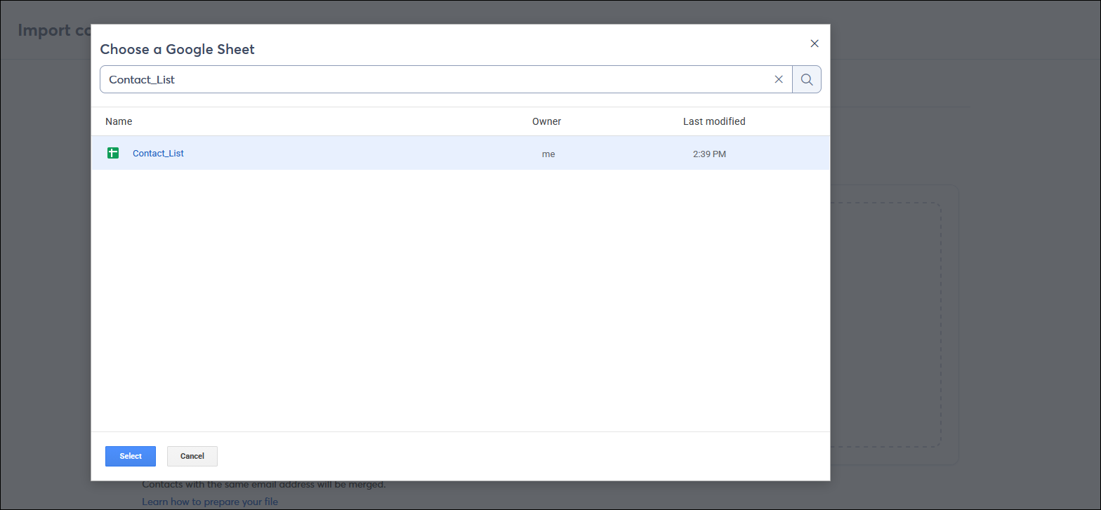 Choose a Google Sheet file pop-up