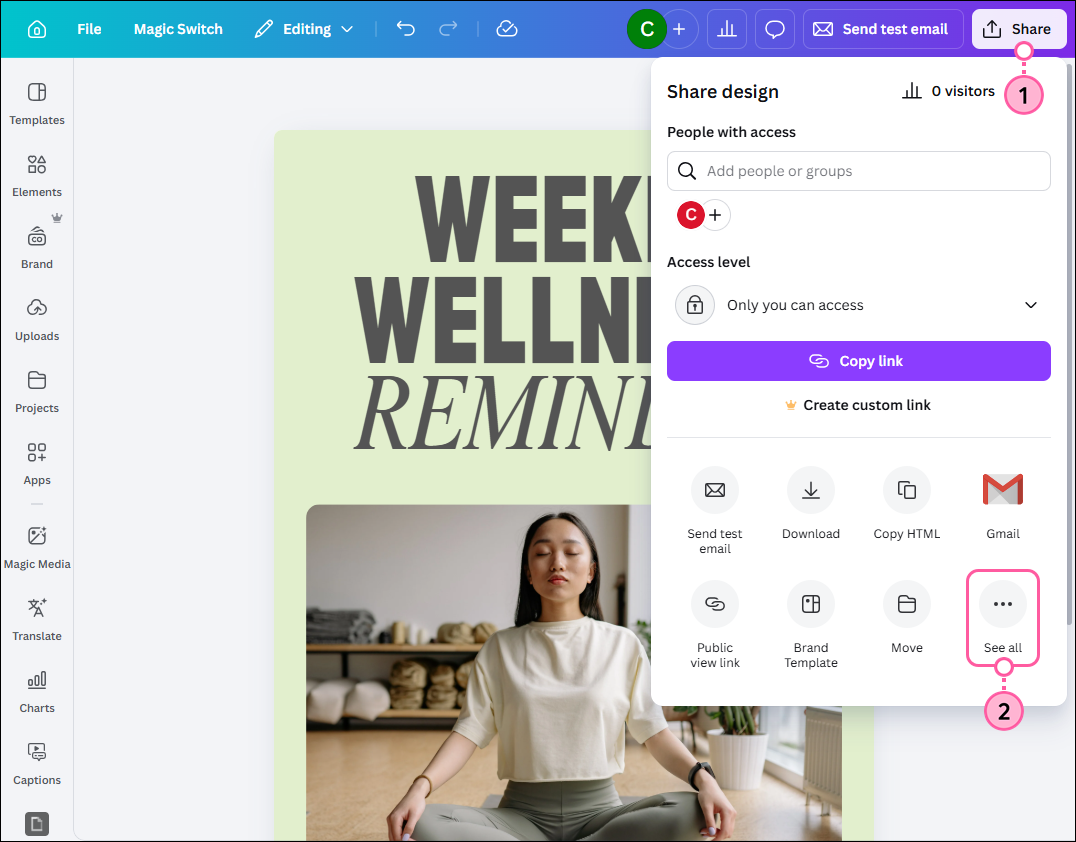 Canva editor with email designed, Share button, and See All option in drop-down