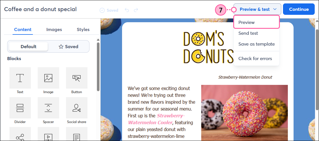 Preview and Test Drop-down menu expanded and Preview option