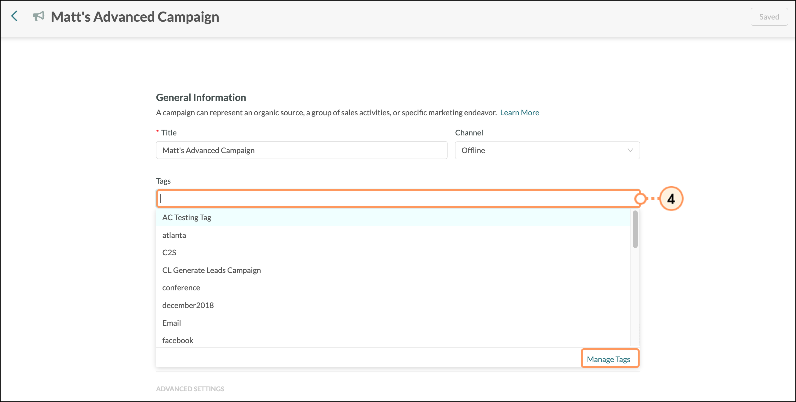 Campaign's tag dropdown menu with list of available tags to select and Manage Tags button at the bottom of the dropdown