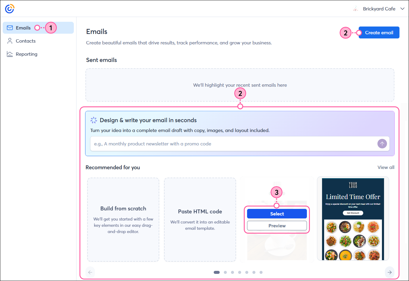 Left navigation with Emails option selected, Create Email button, AI search bar, template options, and template selected