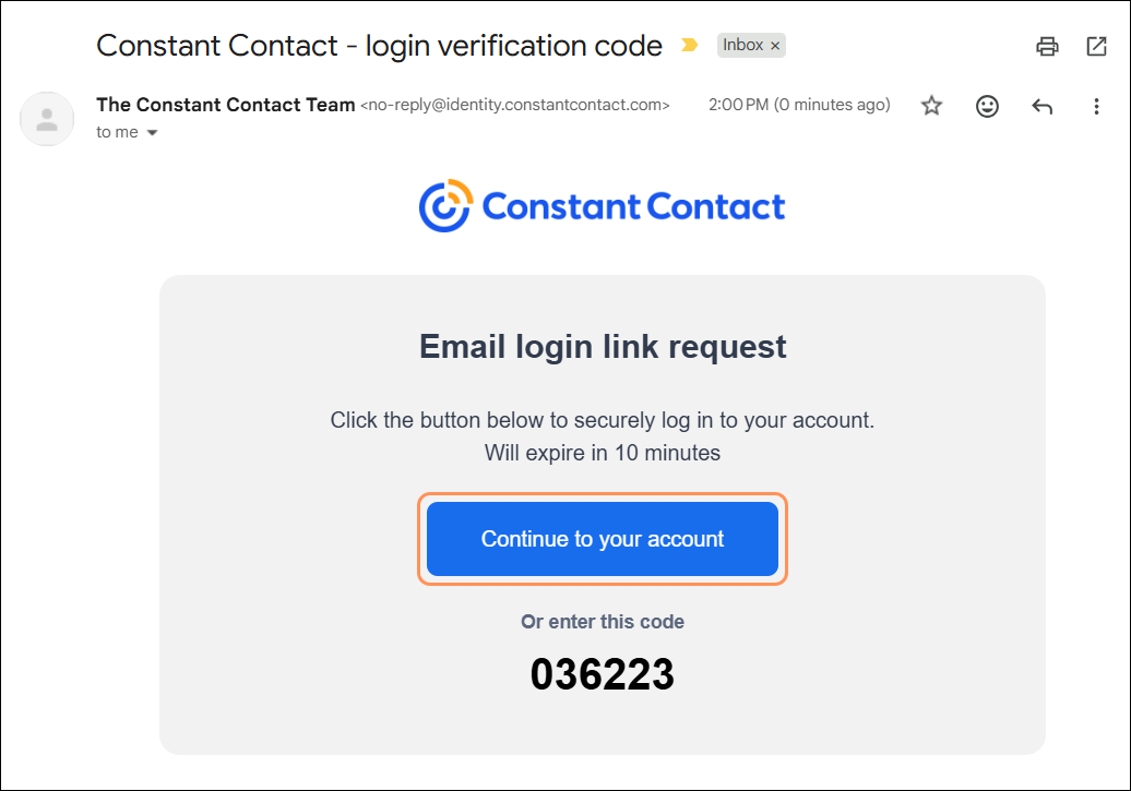 Email Login Link Request email with Continue to Account button