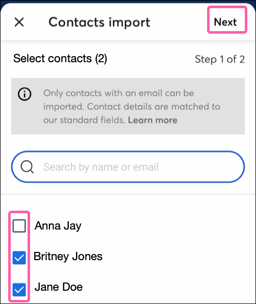Checkboxes next to lists of device contacts and Next button in the top right corner