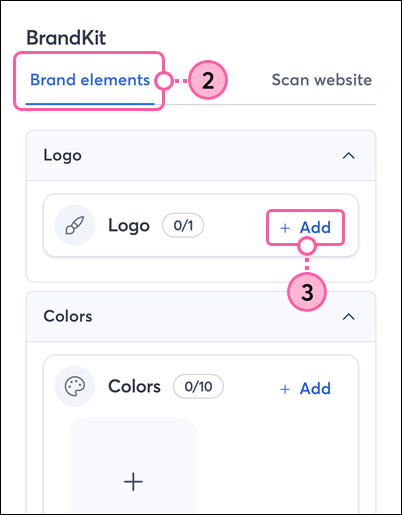Brand Elements tab, Logos section, and Add link