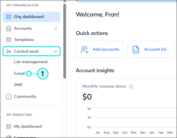 Partner account Central Send menu Email option