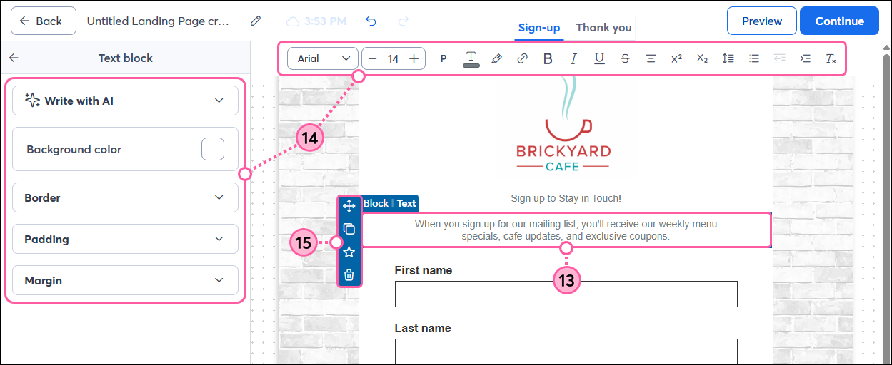 Landing Page editor with Text block selected, left-hand panel and toolbar options, and left-hand block controls