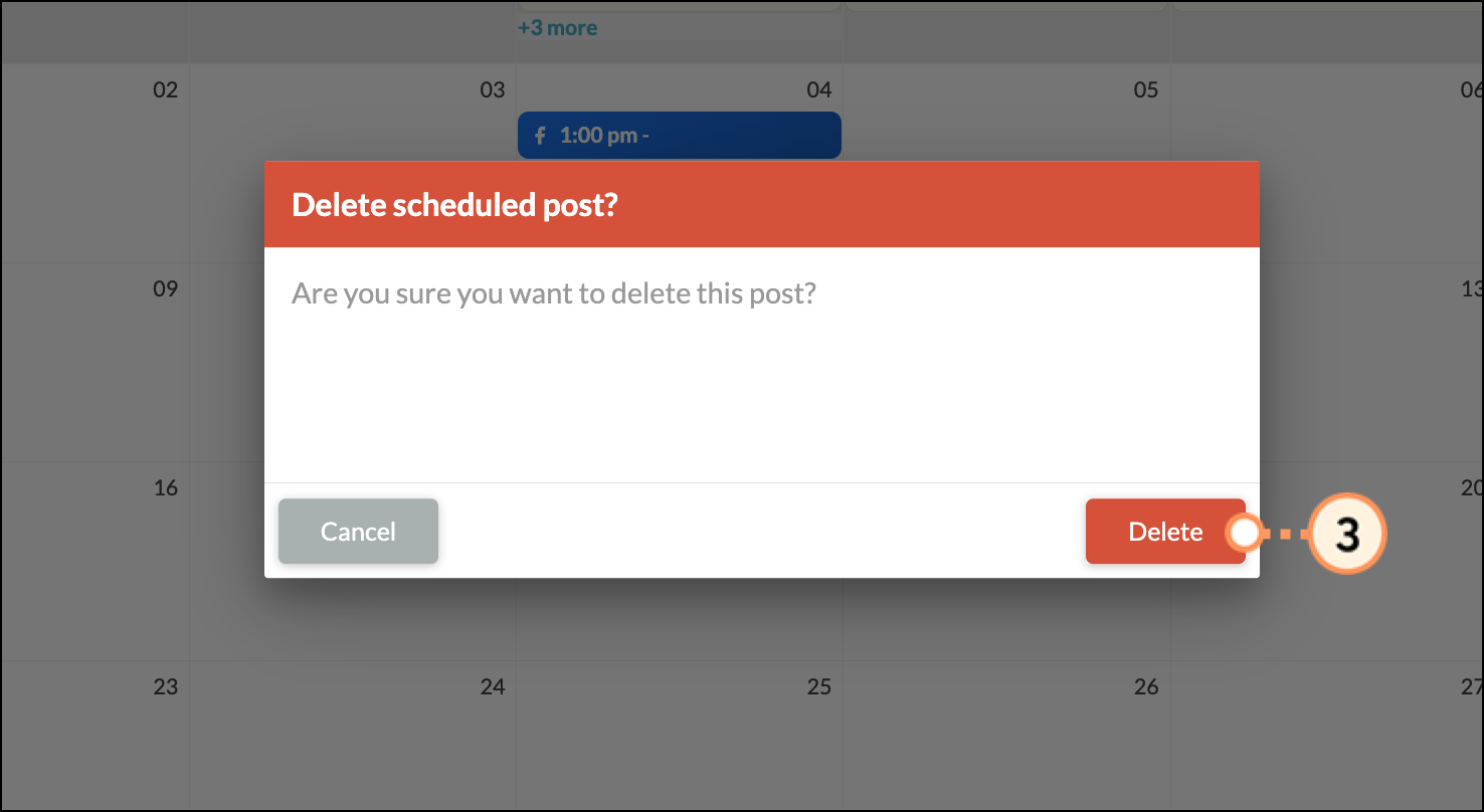 Red Delete Scheduled Post popup with red Delete confirmation button
