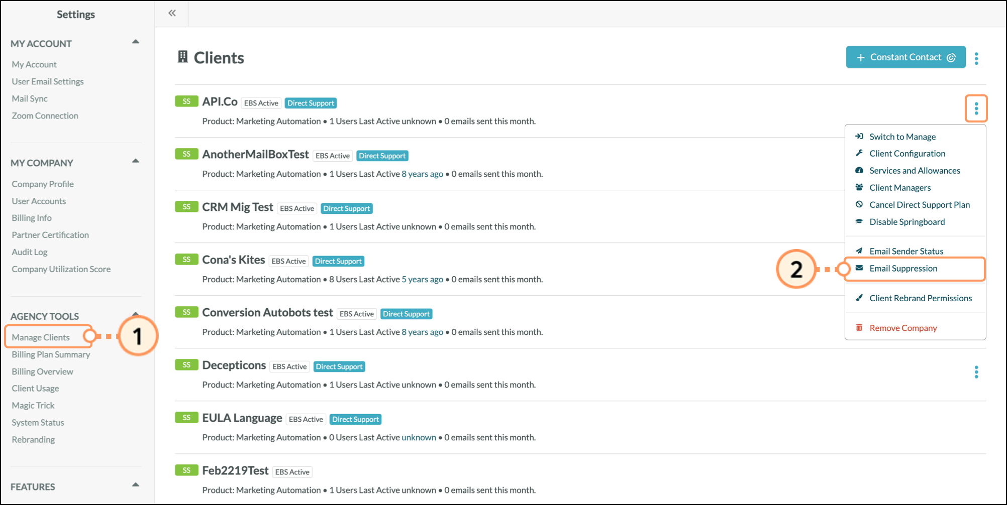 Email Suppression button in the client's settings dropdown
