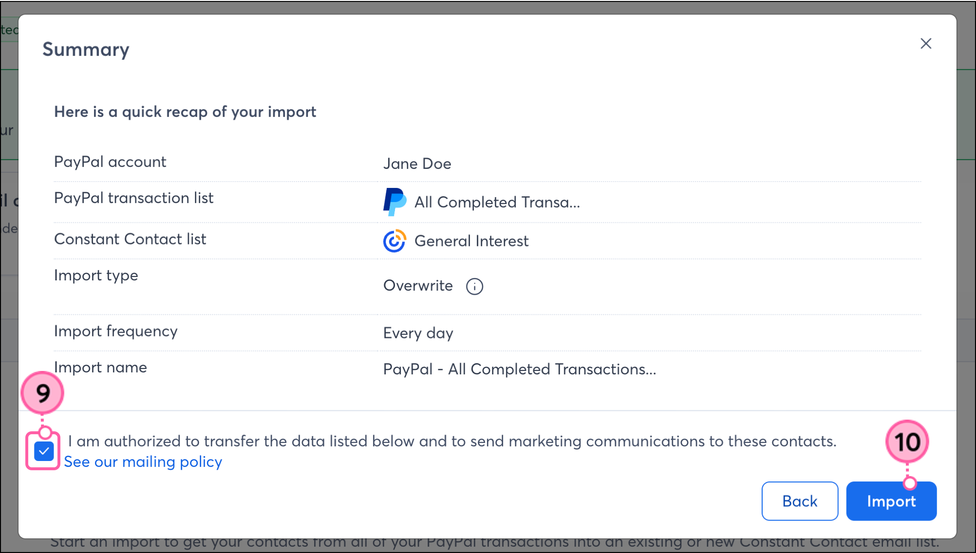 PayPal integration confirmation pop-up with authorization checkbox and Import button
