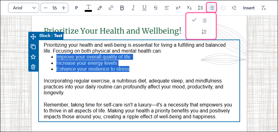Email editor with bulleted text highlighted and toolbar with List drop-down options
