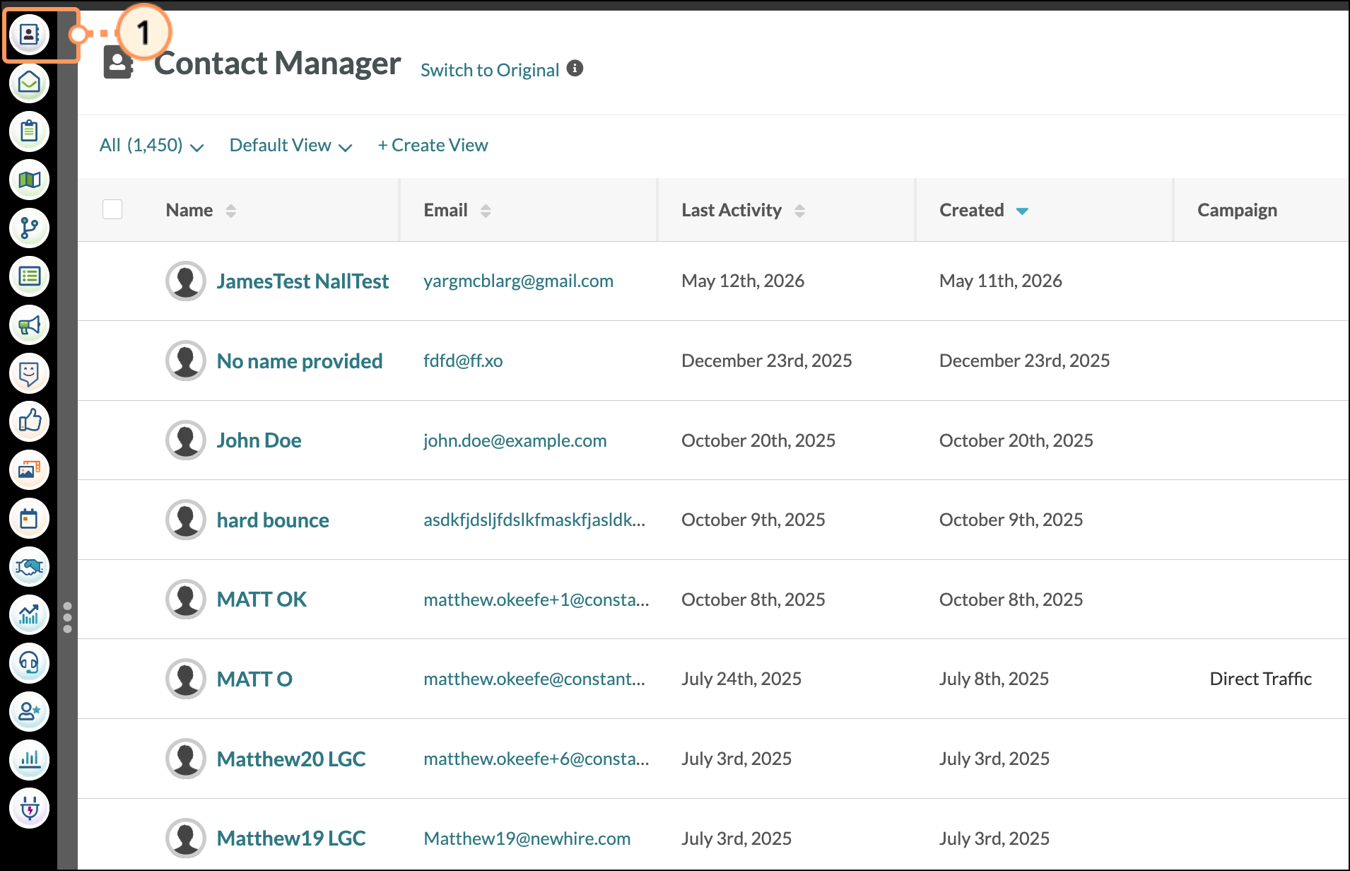 Contacts option selected in top left corner of the account