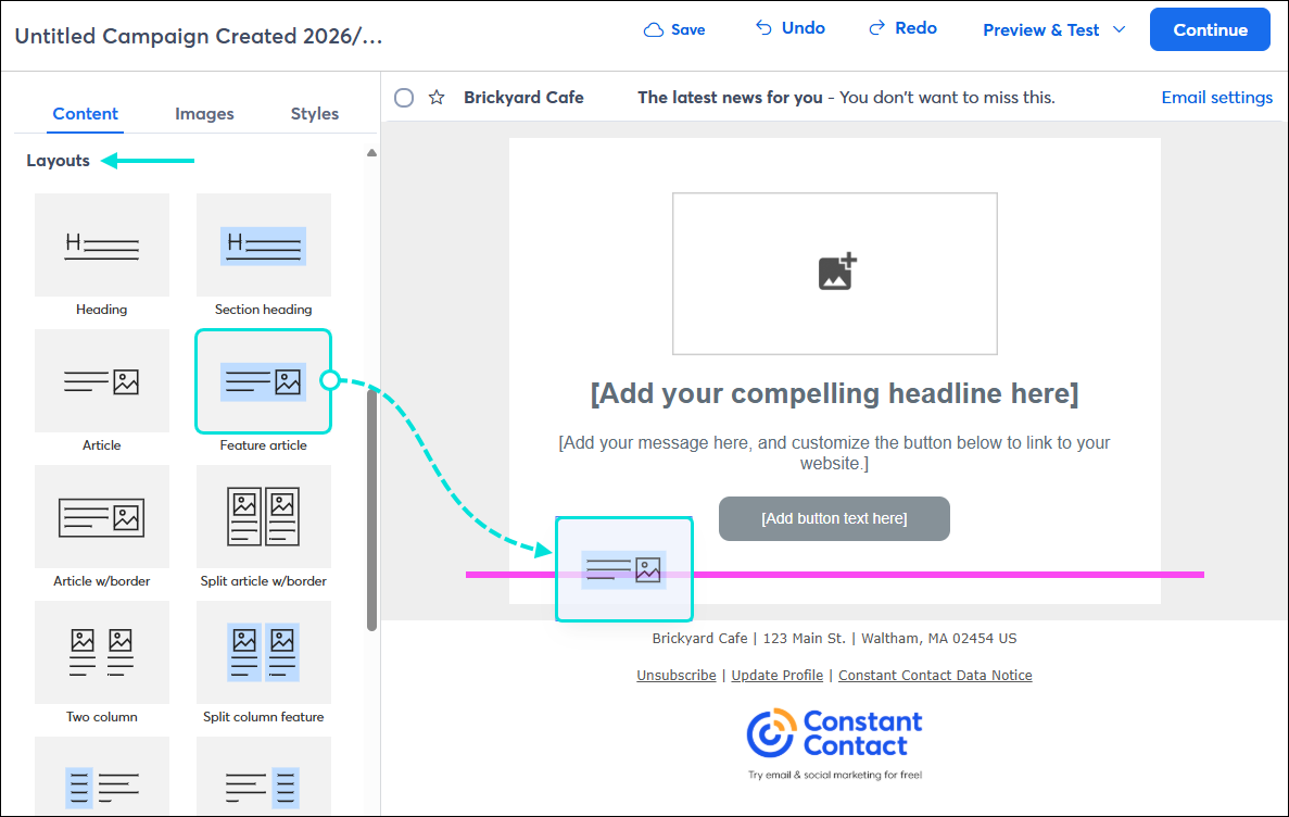 Email editor with Content tab selected and Layouts section, with Feature Article block being dragged and dropped into template within a section
