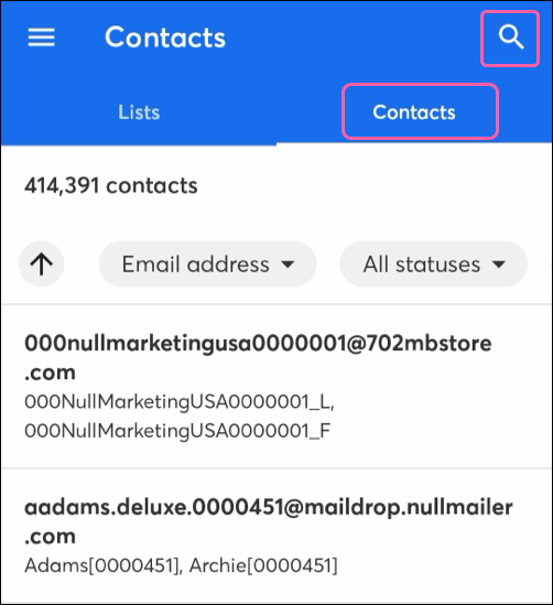 Contacts tab and search icon