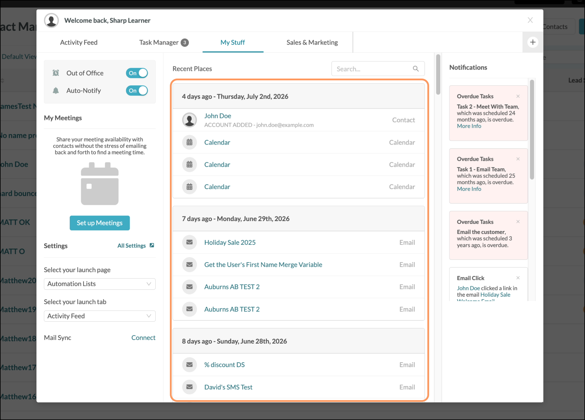 Recent Places section in the My Stuff tab in the Launchpad pop-up
