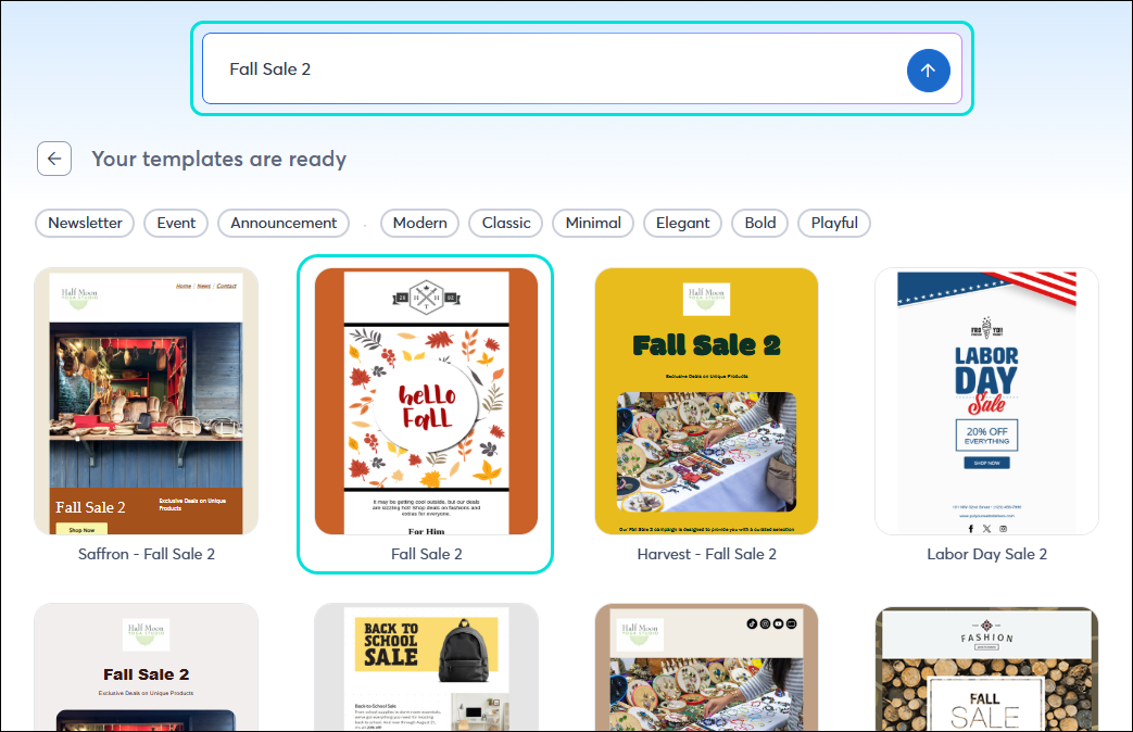 Template picker, Search field with Fall Sale 2 keyword, and Results with Fall Sale 2 template