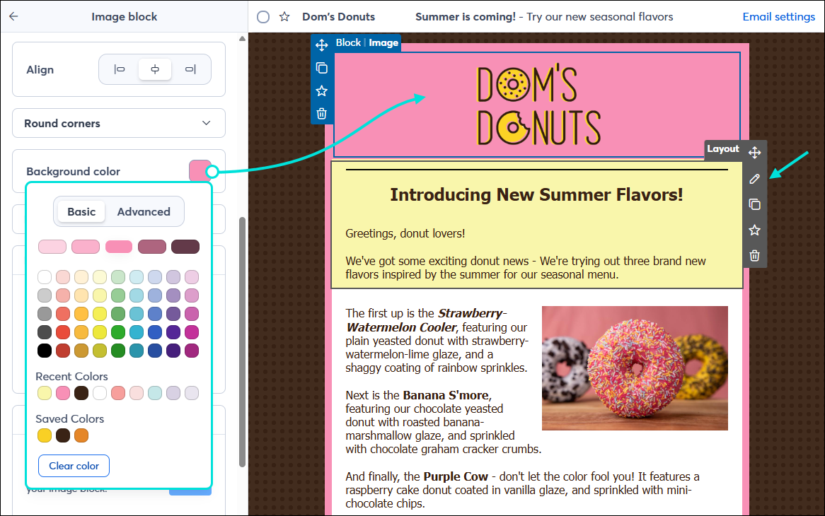 Image block selected with Background Color swatch in left-hand panel, and Layout controls with pencil icon