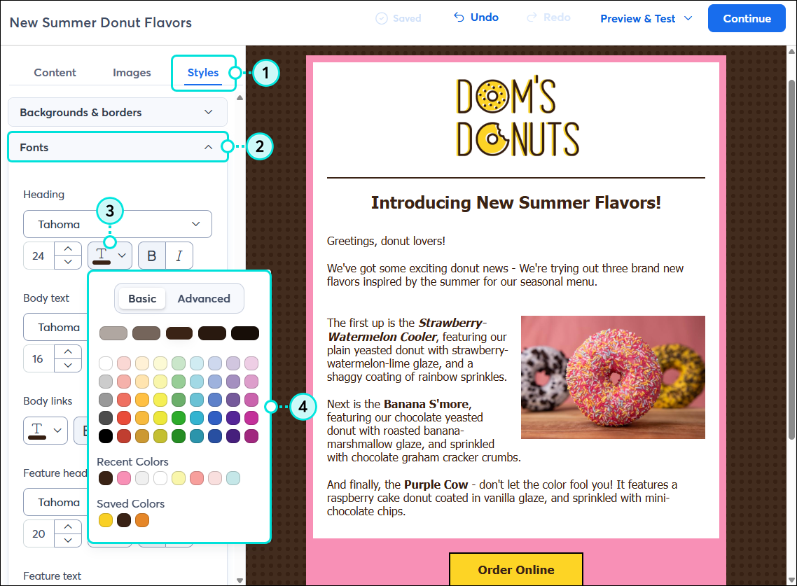 Email editor with Styles tab selected, Fonts menu expanded, and Heading text color palette expanded