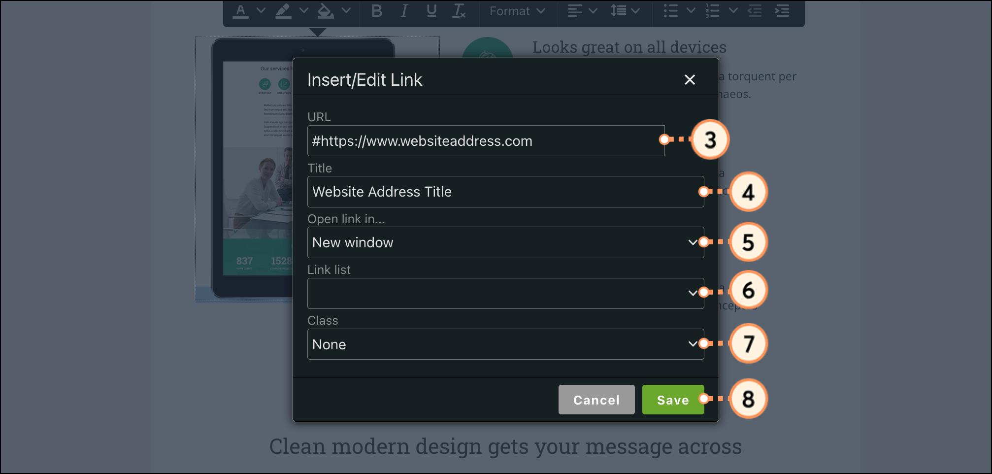 Insert edit link pop-up with edit URL, title, and link detail fields Insert edit link pop-up with edit URL, title, and link detail fields