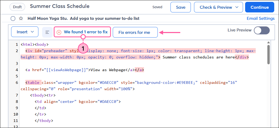Custom Code email with error banner and Fix errors for me button, and code with several errors highlighted
