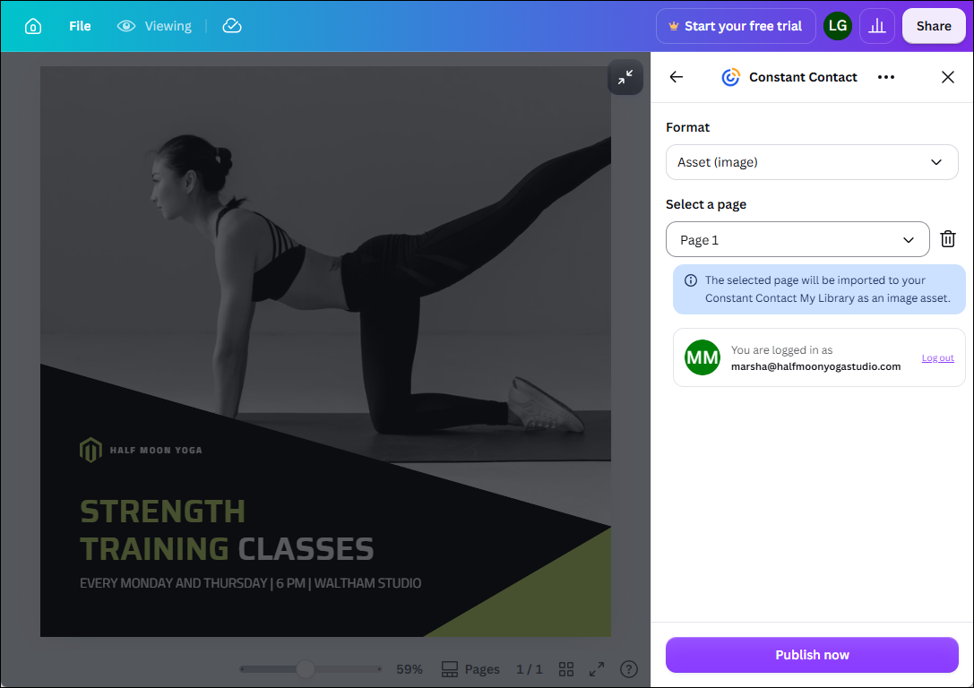 Canva editor with design created, Share panel connected to Constant Contact, Asset Image format selected, and Publish Now button