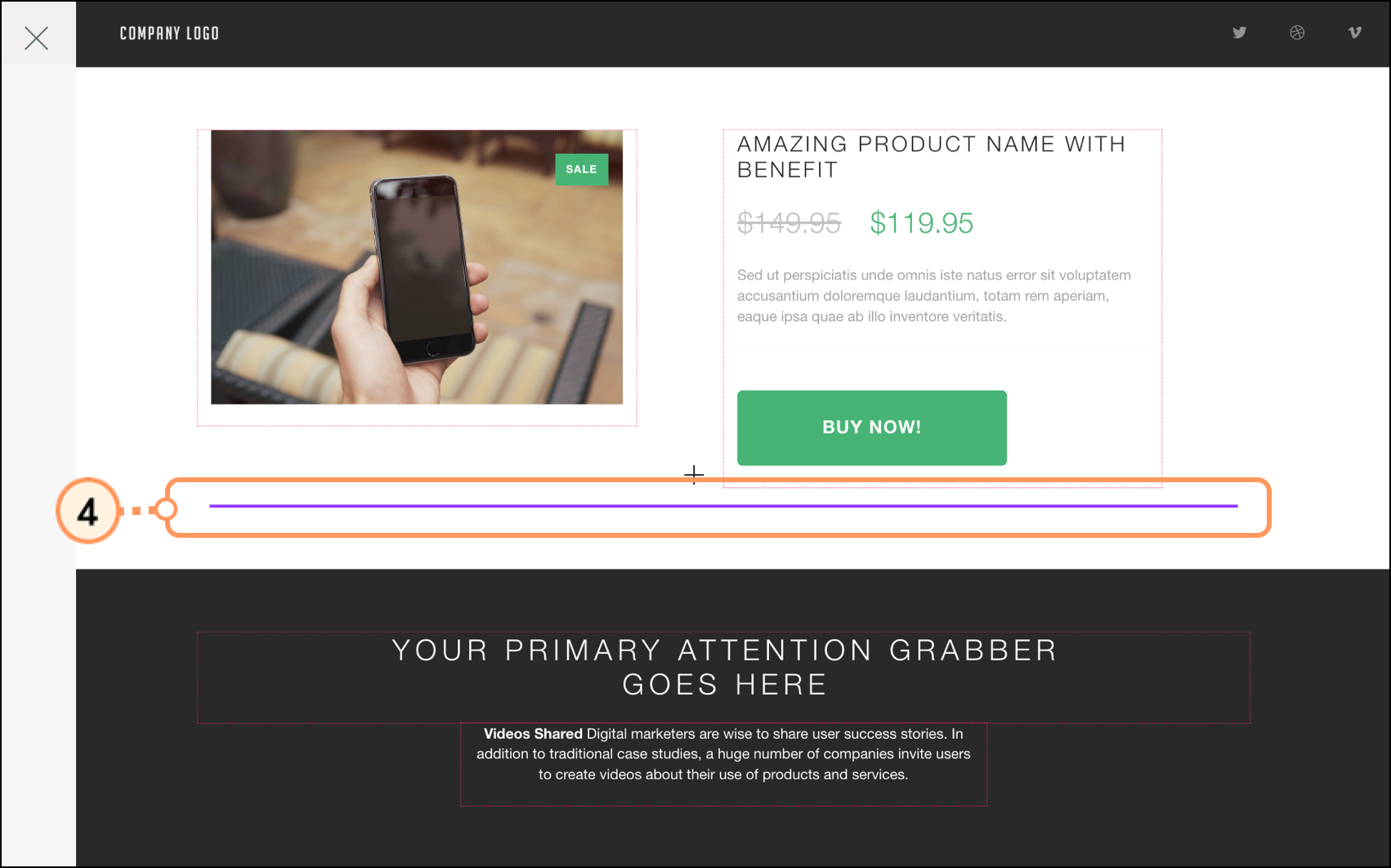 Purple guideline line in the landing page template Purple guideline line in the landing page template