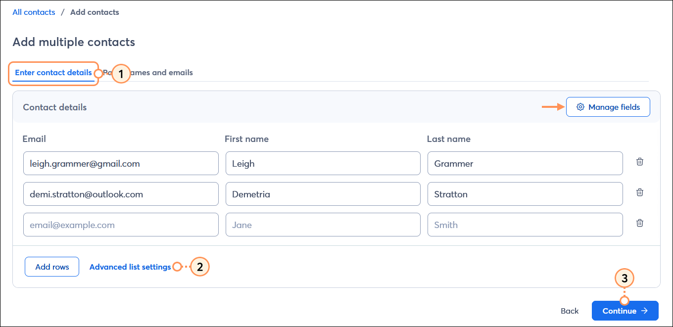 Add multiple contacts page with Enter contact details page selected, Contact details fields, Manage fields button, and Advanced list settings option, and Continue button
