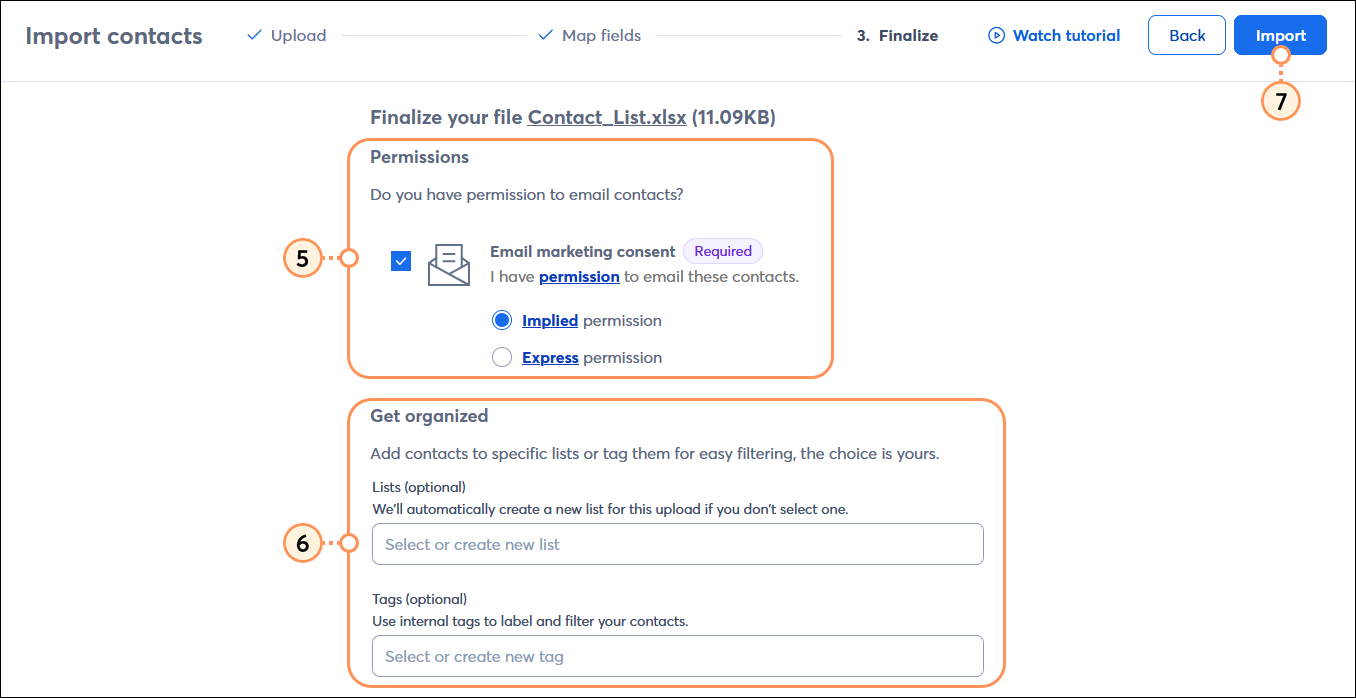 Import contacts page with Finalize options, Permissions option showing advanced email permission options, Get organized section with Lists and Tags options, and Import button
