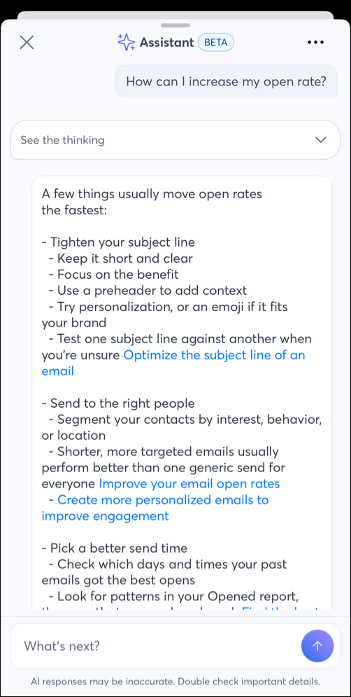 AI Assistant pop-up window with advice on increasing open rates