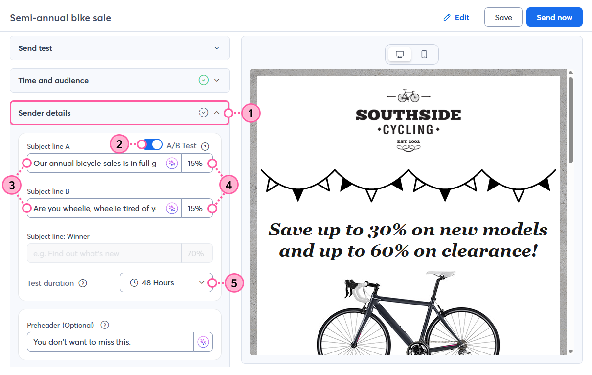 Email schedule page with Sender Details section expanded, A/B Test toggle, Subject Line A and B Fields, and Test Duration drop-down