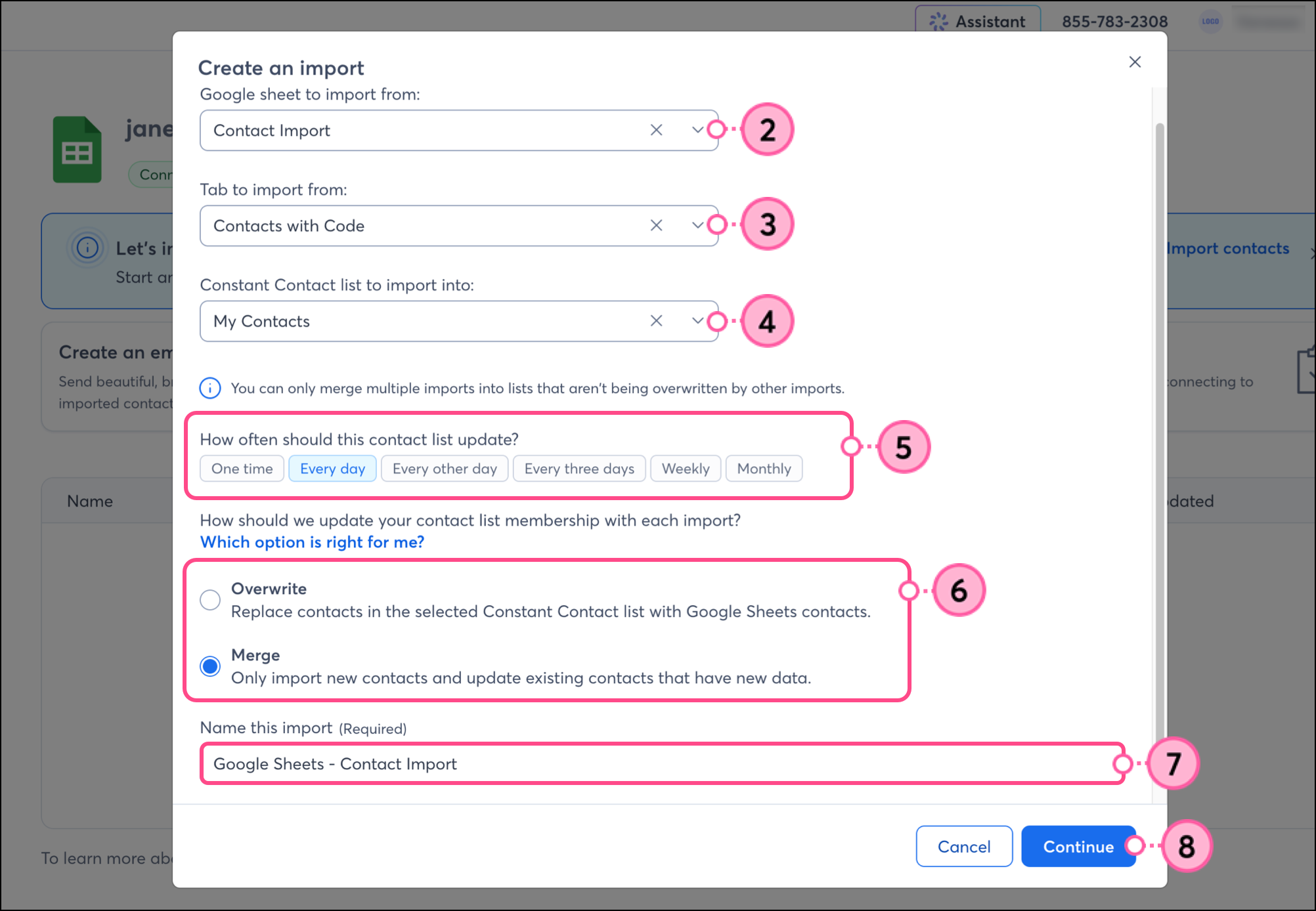 Create an import pop-up with import selection fields and Continue button