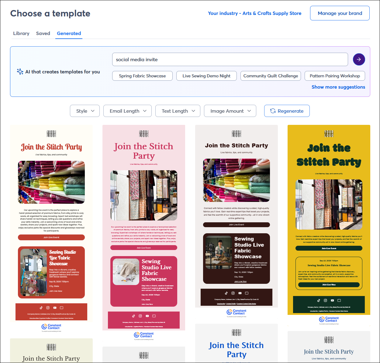 Template picker with Generated tab selected, AI prompt field, and template results