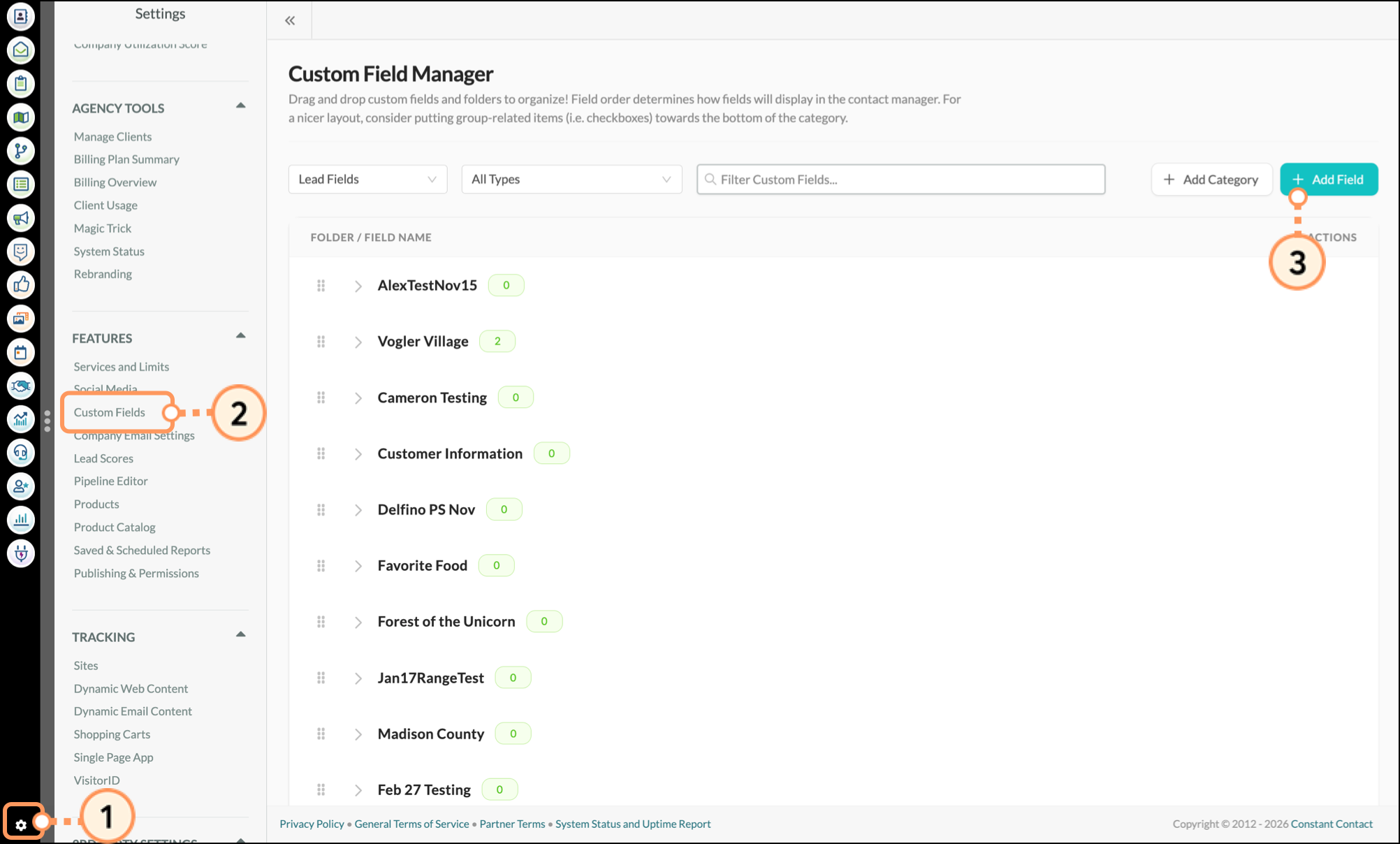 Settings gear in the bottom left corner, Custom Fields from the navigation menu and blue Add Field button
