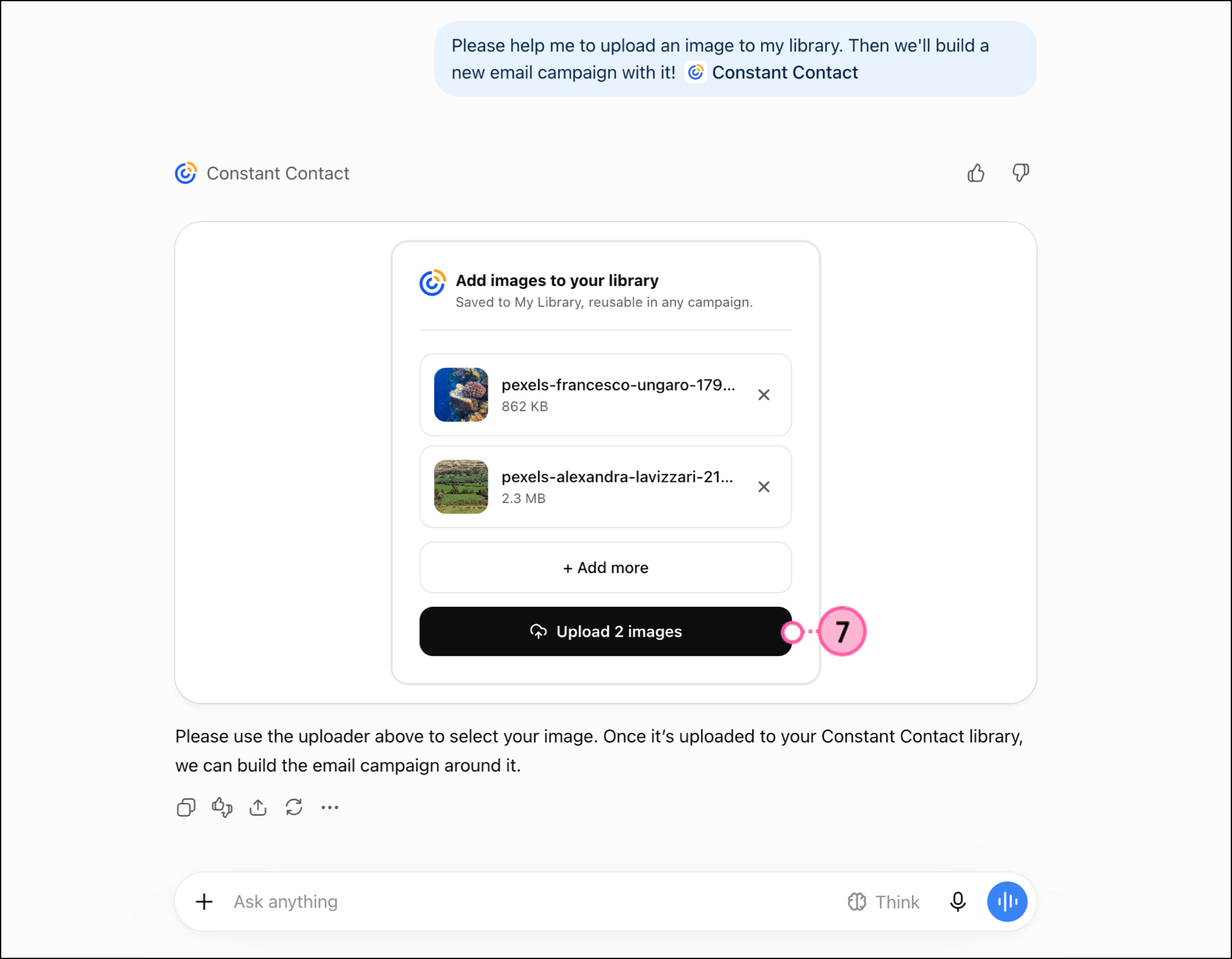 Constant Contact ChatGPT app with images uploaded and black Upload 2 files submit button