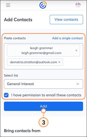 Mobile web Add contacts page with Paste contacts field with contacts added, Select list drop-down menu with list selected, permission option selected, and Save button