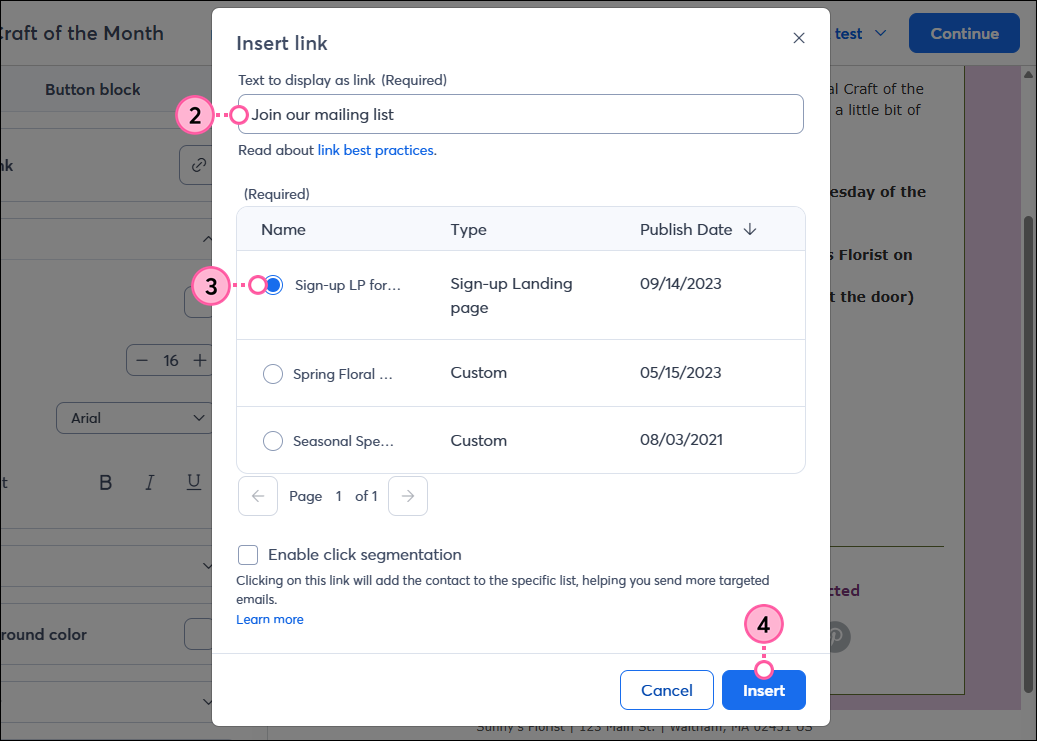 Button Text Field, Landing Page Options, and Insert Button