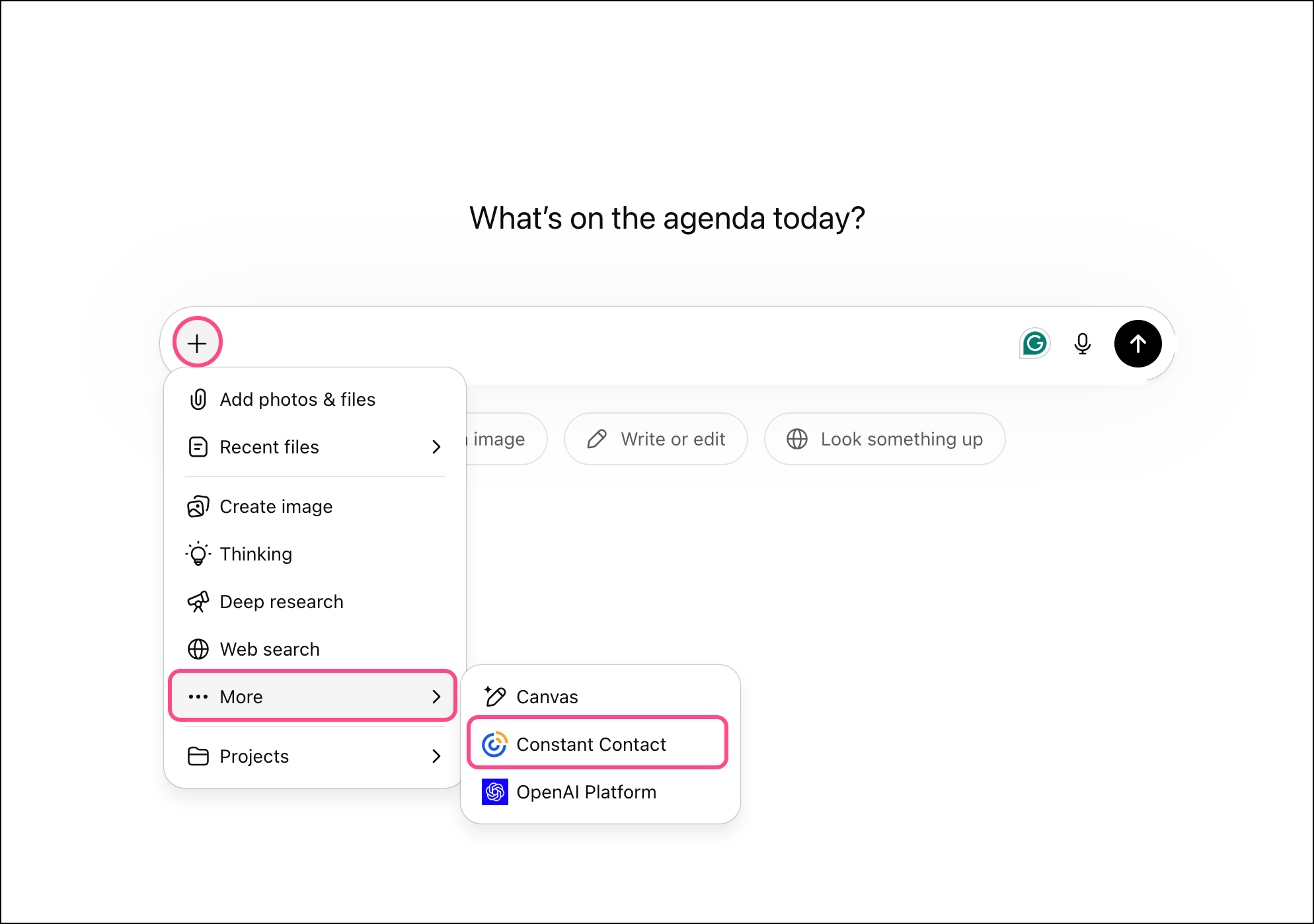 Constant Contact app button in More dropdown menu in ChatGPT plus icon menu